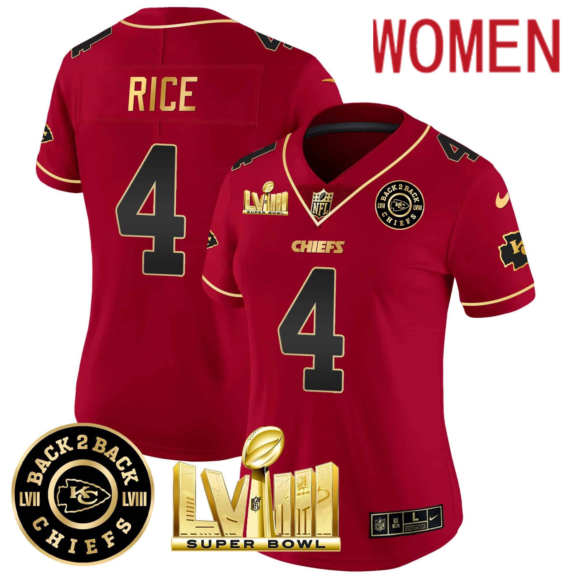 Women Kansas City Chiefs #4 Rice Red 2024 Nike Super Bowl LVIII & Back-2-Back Patch Vapor NFL Jersey style 2